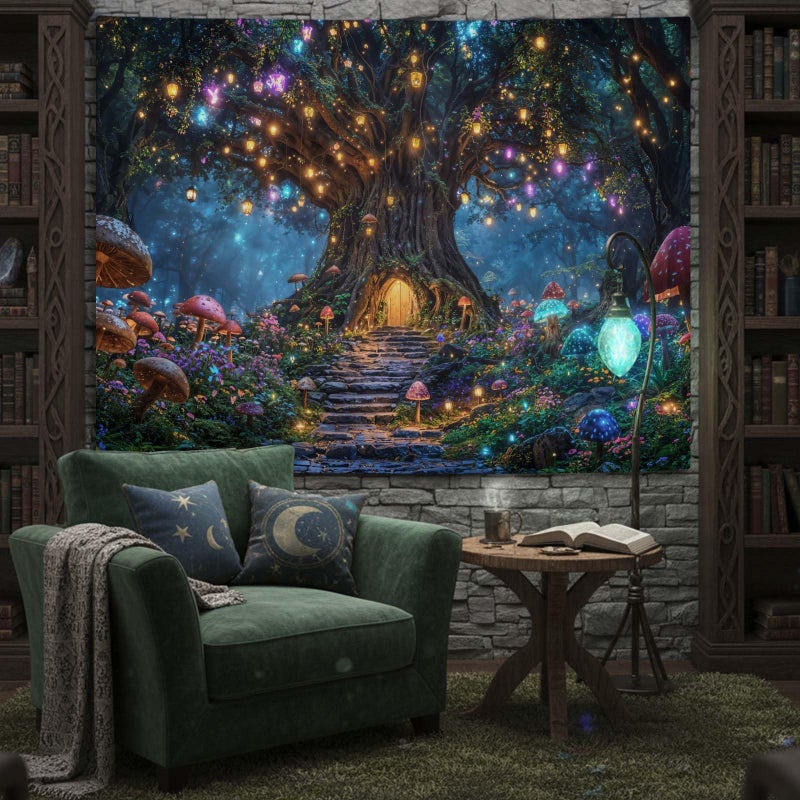 Lifeella Tree of Life Tapestry, Mushroom House Wall Art, Fantasy Forest Landscape Nature Art for Bedroom Living Room, 36x48 inches - Image 3