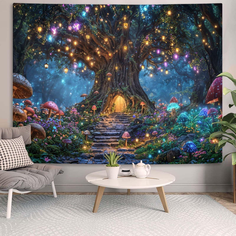 Lifeella Tree of Life Tapestry, Mushroom House Wall Art, Fantasy Forest Landscape Nature Art for Bedroom Living Room, 36x48 inches - Image 2