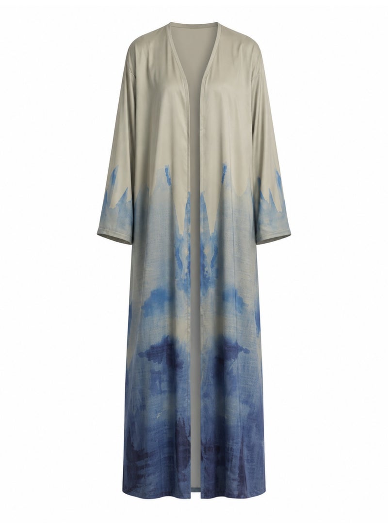 Amnad International Women's Silk Abaya with Matching Hijab - Watercolor Ombre Print, Sage Grey & Ocean Blue, Sizes 52-60 inches - Image 1