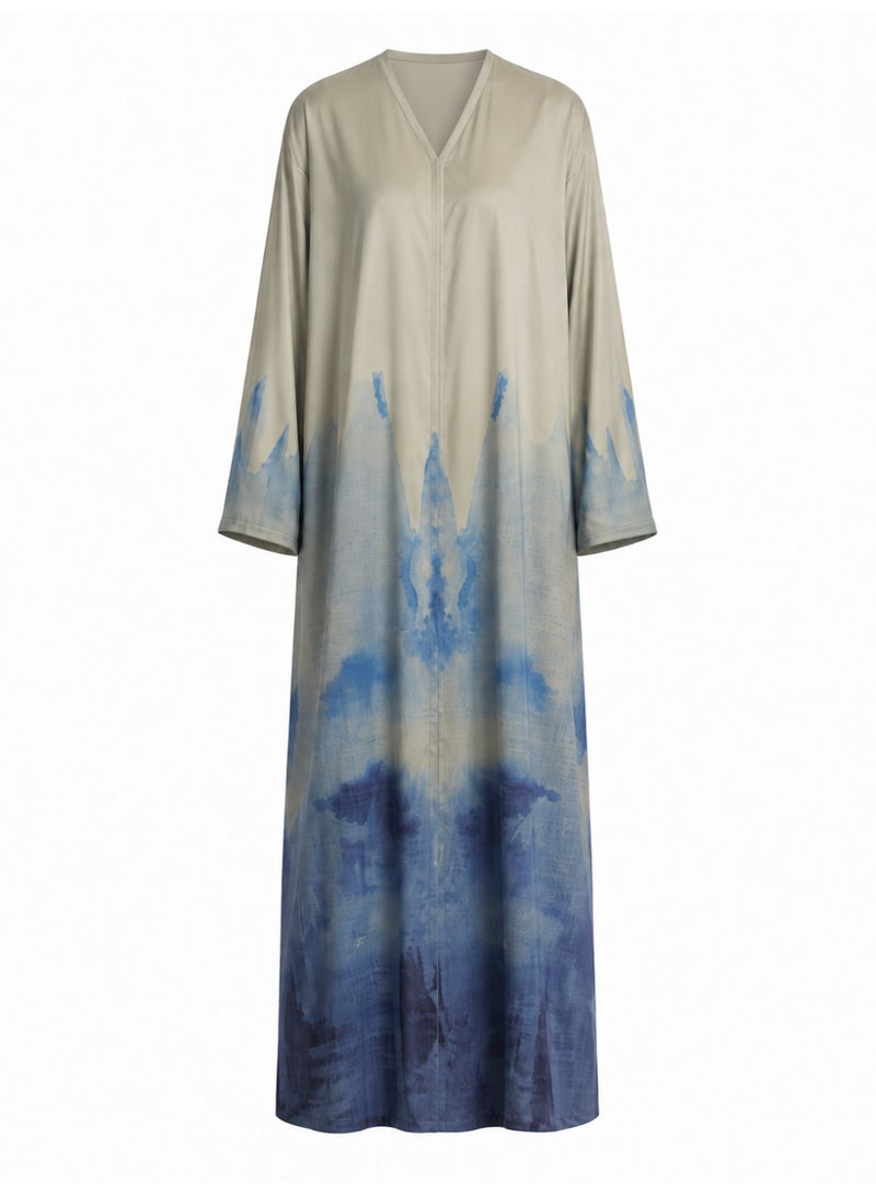 Amnad International Women's Silk Abaya with Matching Hijab - Watercolor Ombre Print, Sage Grey & Ocean Blue, Sizes 52-60 inches - Image 2