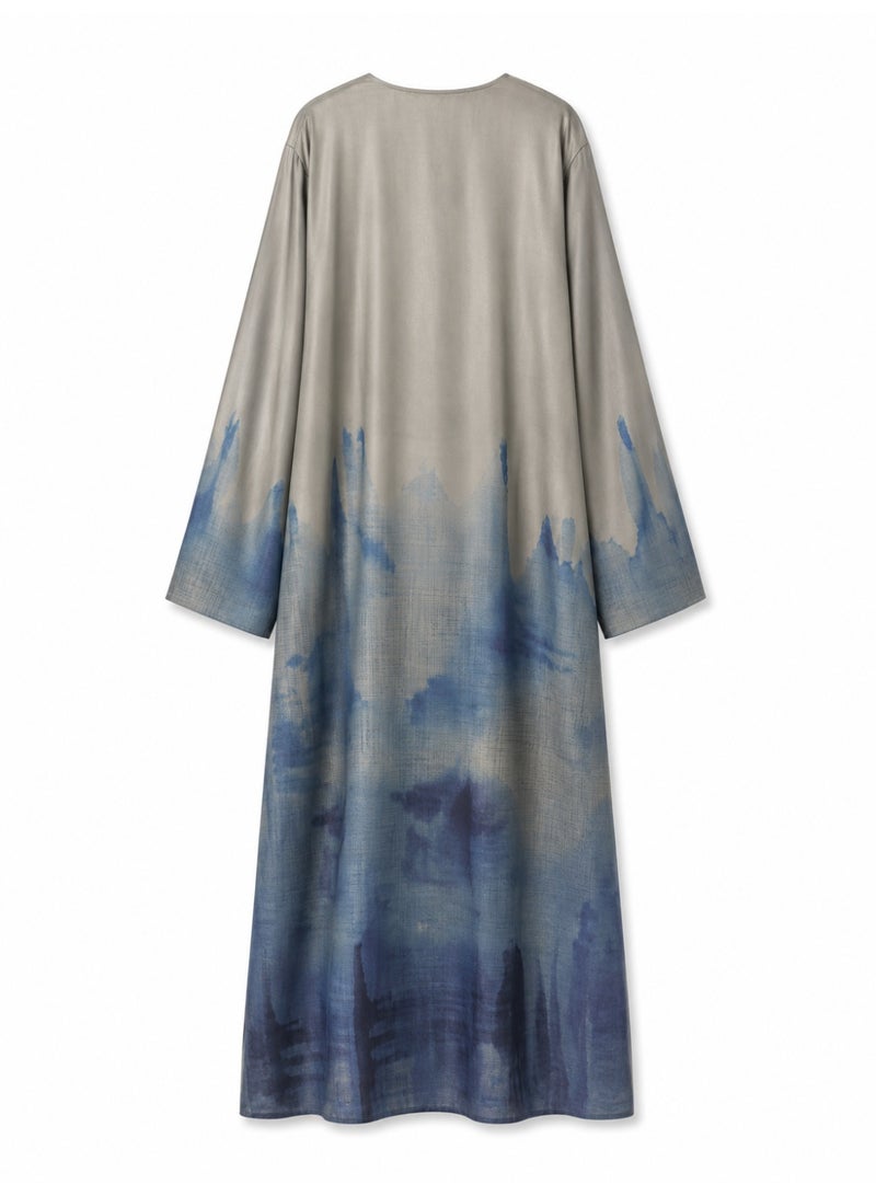 Amnad International Women's Silk Abaya with Matching Hijab - Watercolor Ombre Print, Sage Grey & Ocean Blue, Sizes 52-60 inches - Image 3