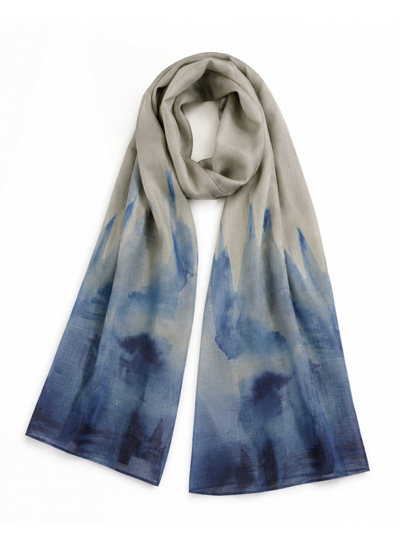 Amnad International Women's Silk Abaya with Matching Hijab - Watercolor Ombre Print, Sage Grey & Ocean Blue, Sizes 52-60 inches - Image 4