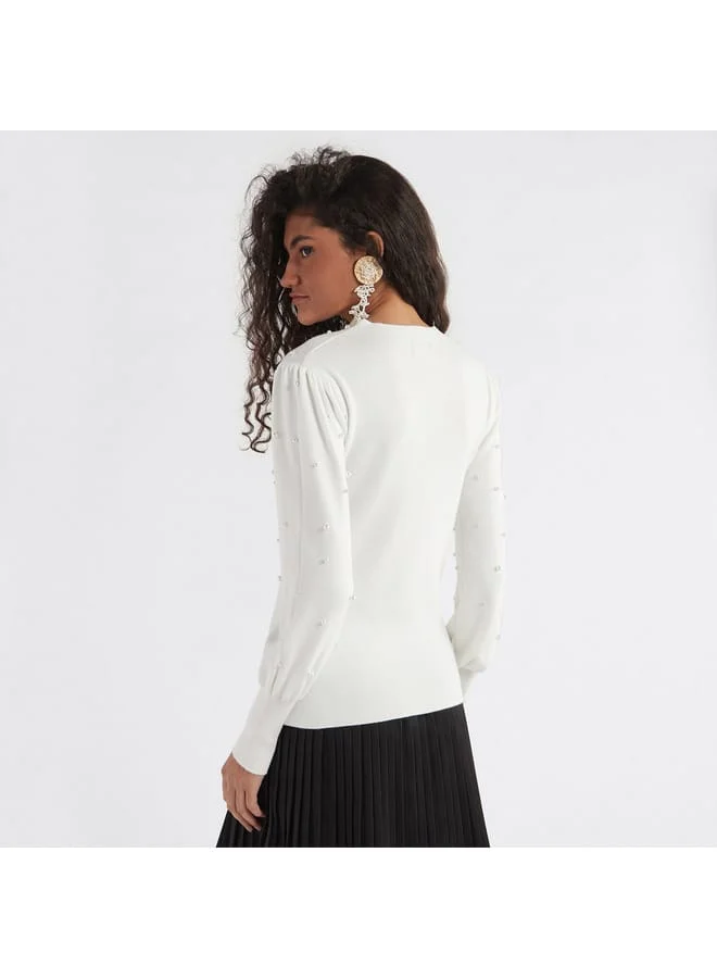 Splash FAV Pearl Embellished Sweater with Long Sleeves