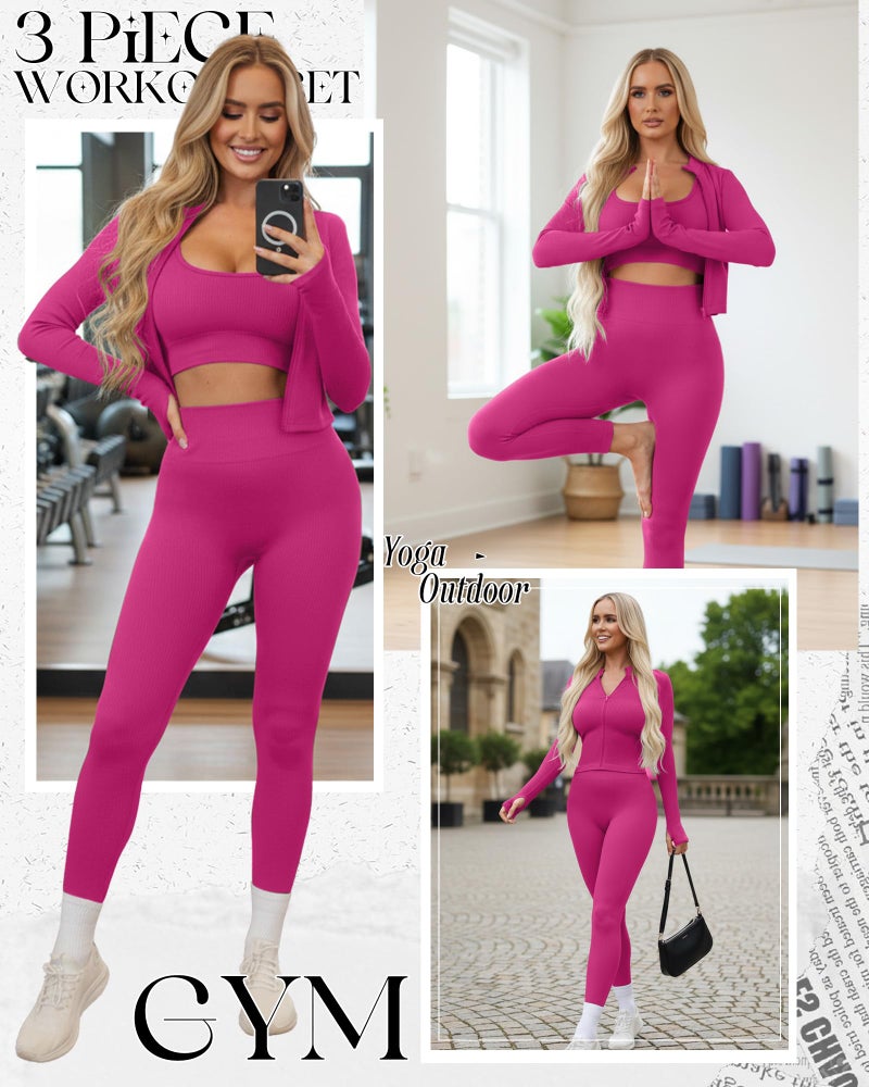 Simlakey Women 3 Piece Seamless Workout Set Sports Bra High Waisted Gym Yoga Leggings Zip Up Jacket with Thumbhole Activewear(Pink,Large) - Image 3