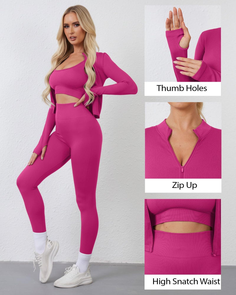 Simlakey Women 3 Piece Seamless Workout Set Sports Bra High Waisted Gym Yoga Leggings Zip Up Jacket with Thumbhole Activewear(Pink,Large) - Image 5