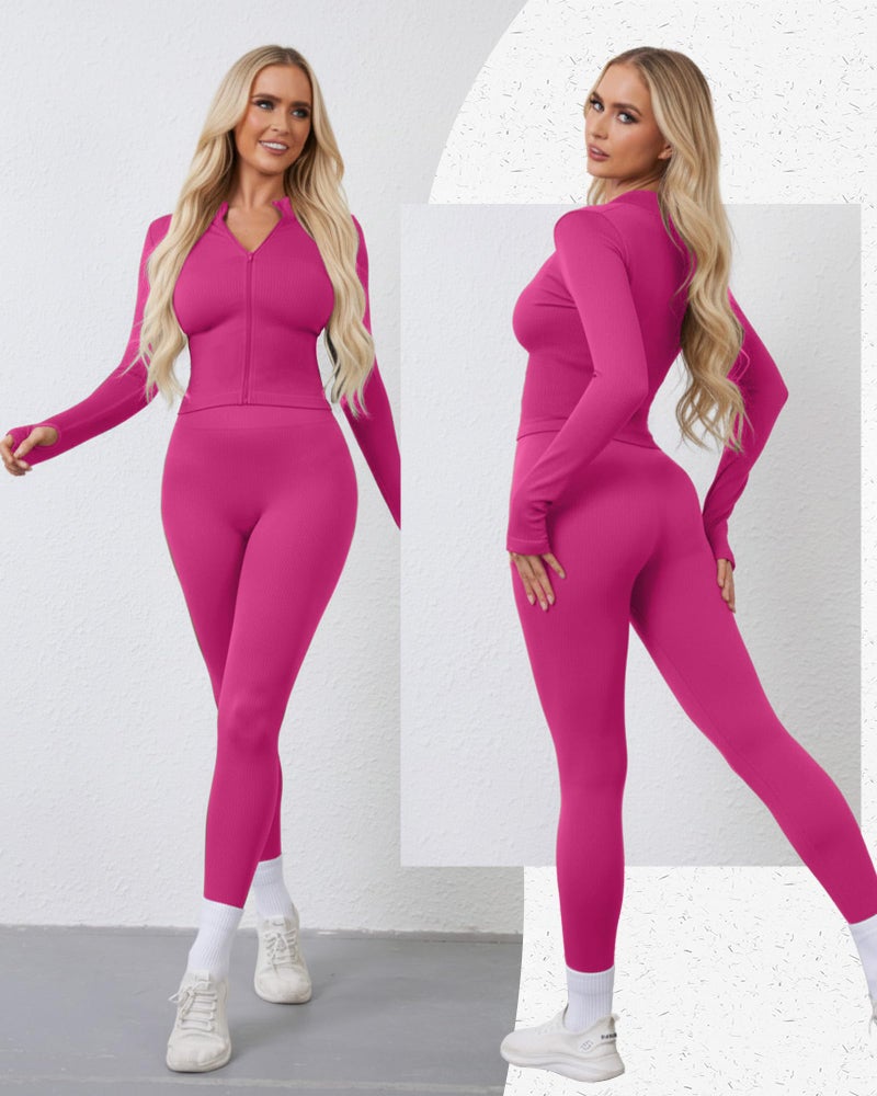 Simlakey Women 3 Piece Seamless Workout Set Sports Bra High Waisted Gym Yoga Leggings Zip Up Jacket with Thumbhole Activewear(Pink,Large) - Image 2