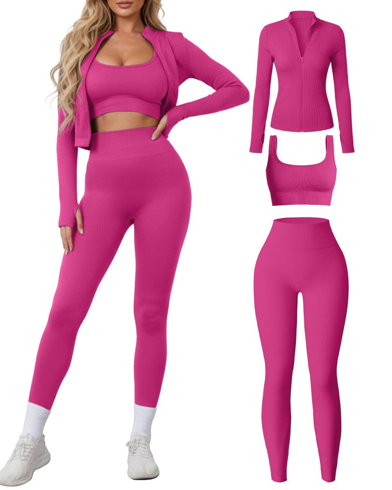 Simlakey Women 3 Piece Seamless Workout Set Sports Bra High Waisted Gym Yoga Leggings Zip Up Jacket with Thumbhole Activewear(Pink,Large) - Image 1