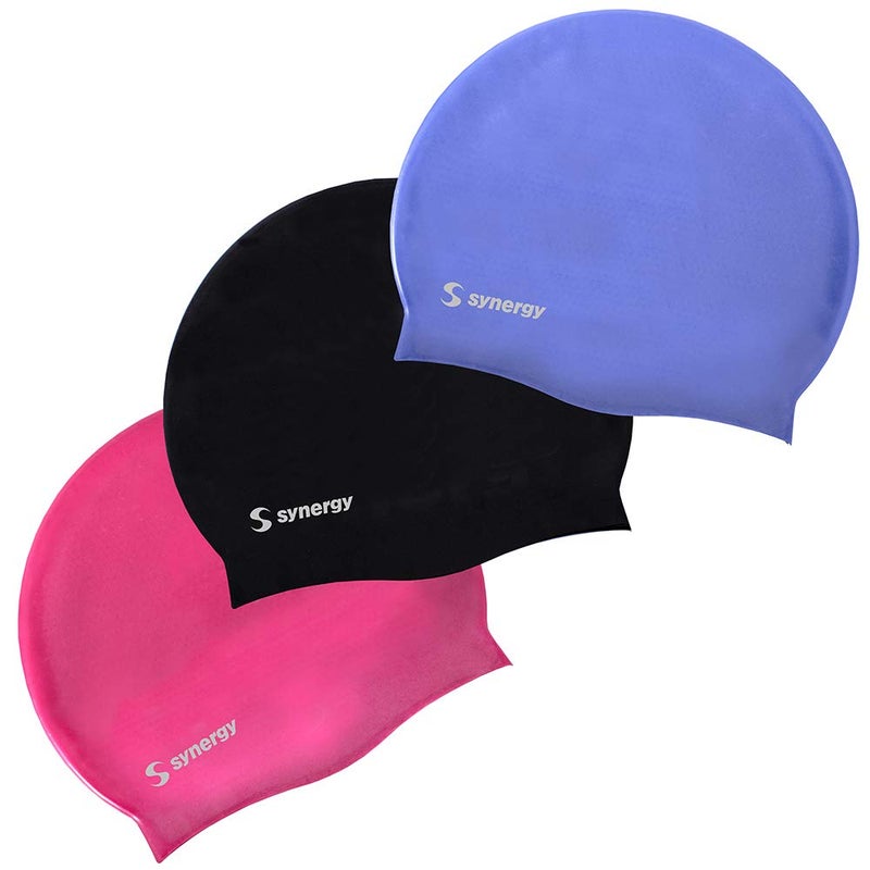 Synergy Silicone Swim Caps 3-Pack (Black-Lavender-Pink SL 3-Pack) - Image 2