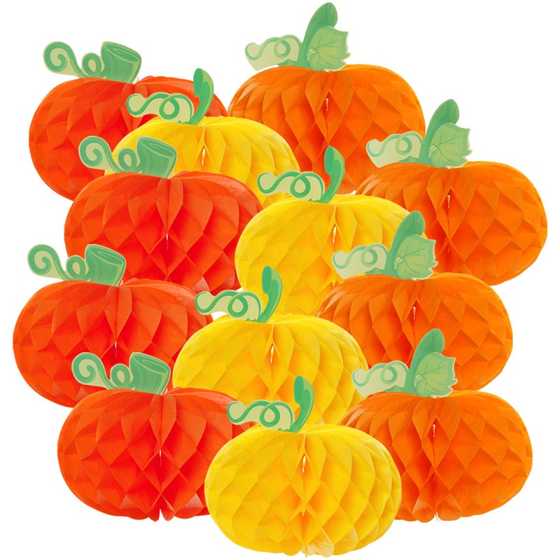 Sucrain 12 Pieces Tissue Paper Pumpkin 3D Honeycomb Pumpkins for Halloween Thanksgiving Party Favor Fall Festival Supplies (Orange  Red  Yellow) - Image 1