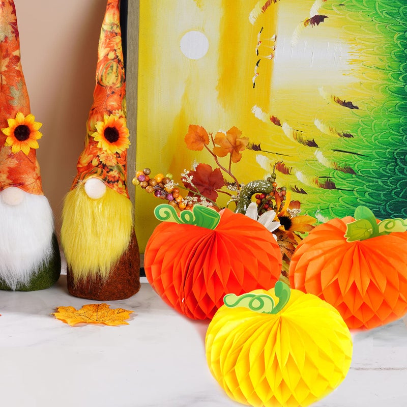 Sucrain 12 Pieces Tissue Paper Pumpkin 3D Honeycomb Pumpkins for Halloween Thanksgiving Party Favor Fall Festival Supplies (Orange  Red  Yellow) - Image 5