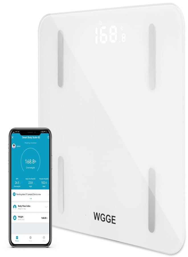 WGGE ميزان قياس نسبة الدهون في الجسم، ميزان حمام رقمي ذكي من WGGE عالي الدقة مع مؤشر كتلة الجسم، ونسبة الدهون في الجسم، ومحلل تكوين الجسم، مزود بتقنية بلوتوث للاتصال بتطبيق الهاتف الذكي، الحد الأقصى للوزن: 180 كجم / 400 رطل - Image 1