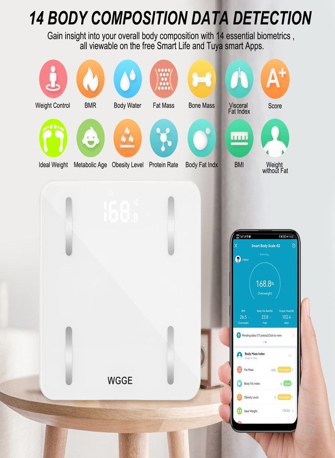 WGGE ميزان قياس نسبة الدهون في الجسم، ميزان حمام رقمي ذكي من WGGE عالي الدقة مع مؤشر كتلة الجسم، ونسبة الدهون في الجسم، ومحلل تكوين الجسم، مزود بتقنية بلوتوث للاتصال بتطبيق الهاتف الذكي، الحد الأقصى للوزن: 180 كجم / 400 رطل - Image 4