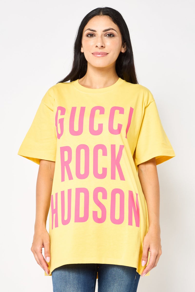 GUCCI Women Crew Neck Short Sleeve Brand Logo T-Shirt, Yellow  - Image 1