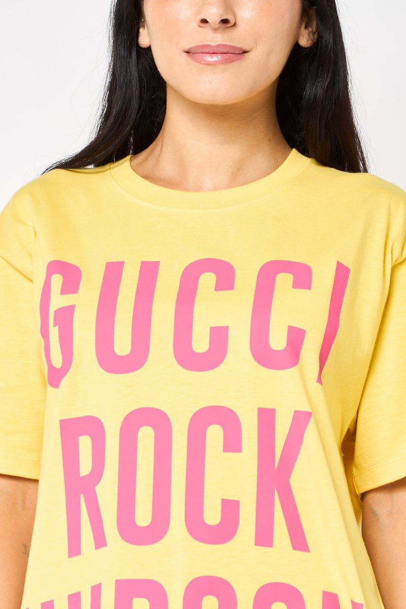 GUCCI Women Crew Neck Short Sleeve Brand Logo T-Shirt, Yellow  - Image 2