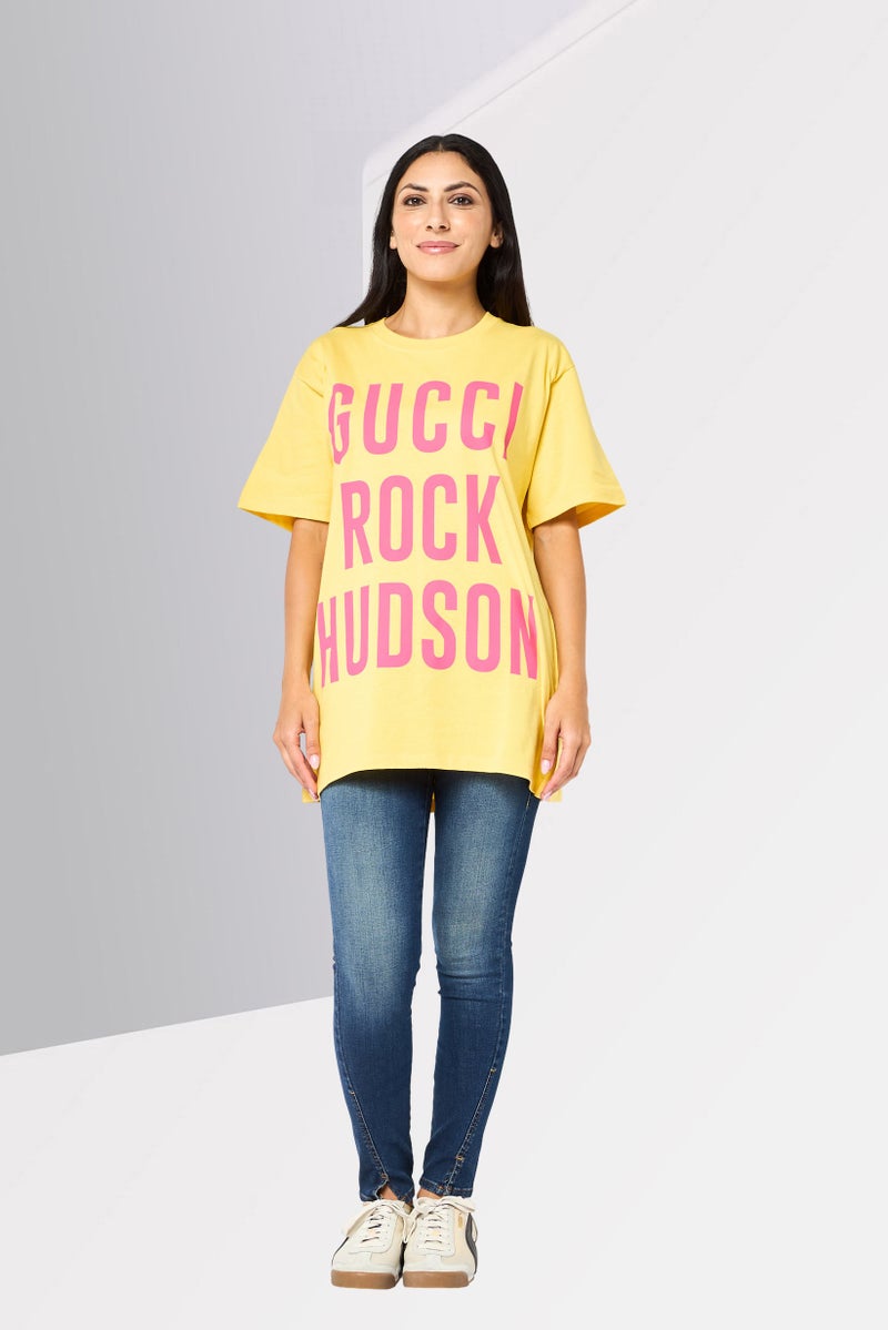 GUCCI Women Crew Neck Short Sleeve Brand Logo T-Shirt, Yellow  - Image 4