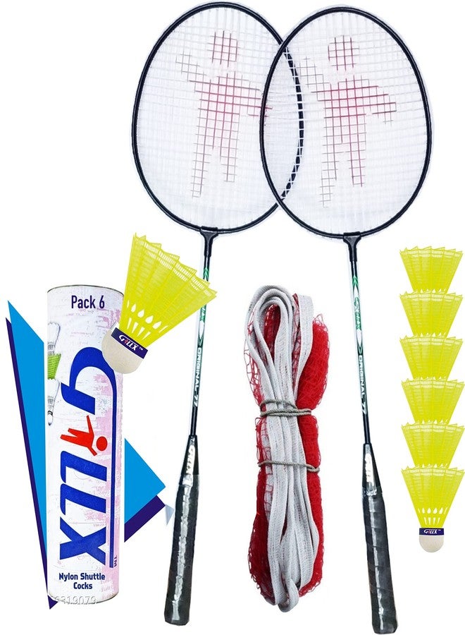 GILLX Badminton Rackets 2 Piece 6 Nylon Shuttle Cocks with Badminton Net - Image 1