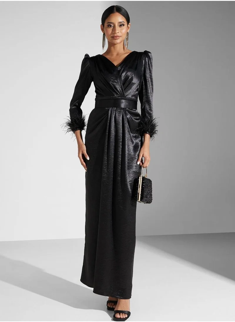 اكاديا فاشن Surplice Neck Puff Sleeve Dress