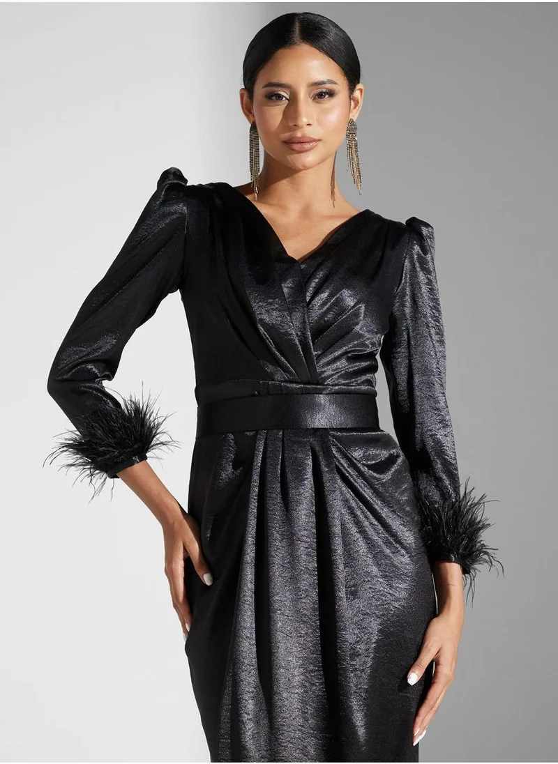 اكاديا فاشن Surplice Neck Puff Sleeve Dress