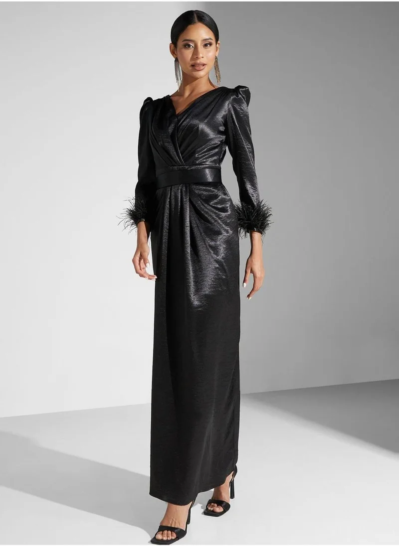 اكاديا فاشن Surplice Neck Puff Sleeve Dress