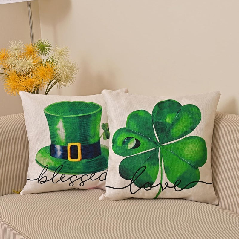 Hongsome St Patricks Day Decor-Throw Pillow Covers 18x18 in Set of 4,Shamrock Linen Pillow Case with Green Hat Irish for Large Couch Sofa Home Indoor Outdoor Holiday Decorations - Image 4