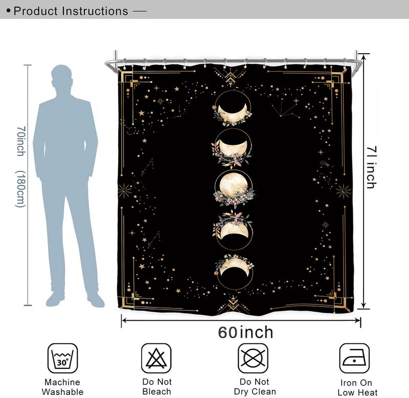 Miyotaa Moon Phase Moonlit Gothic Shower Curtain Set 60Wx71H Inches Black Witchy Tarot Mysterious Zodiac Constellation Astrology Celestial Floral Waterproof Bathroom Curtain with 12 Hooks - Image 2