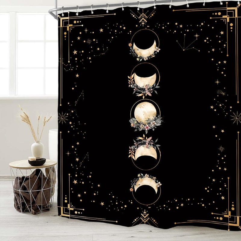 Miyotaa Moon Phase Moonlit Gothic Shower Curtain Set 60Wx71H Inches Black Witchy Tarot Mysterious Zodiac Constellation Astrology Celestial Floral Waterproof Bathroom Curtain with 12 Hooks - Image 1