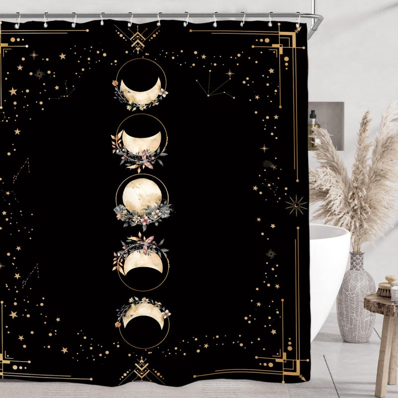 Miyotaa Moon Phase Moonlit Gothic Shower Curtain Set 60Wx71H Inches Black Witchy Tarot Mysterious Zodiac Constellation Astrology Celestial Floral Waterproof Bathroom Curtain with 12 Hooks - Image 4