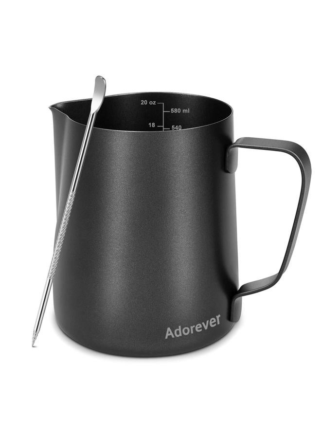 Adorever Milk Frothing Pitcher 600ml/20oz Steaming Pitchers Stainless Steel Milk Coffee Cappuccino Latte Art Barista Steam Pitchers Milk Jug Cup with Decorating Art Pen, Black - Image 1