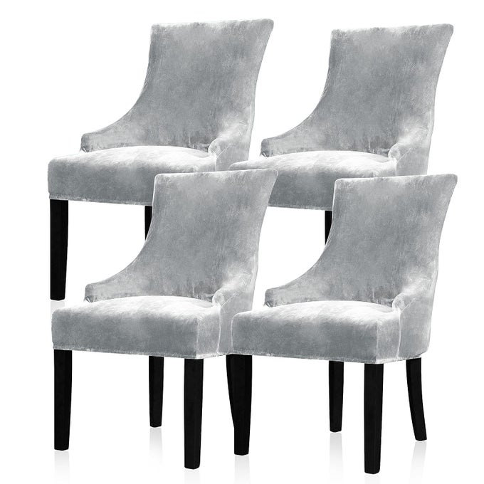VELVET STRETCH WINGBACK CHAIR COVER SLIPCOVER REUSABLE PROTECTOR COVER FOR DINING ROOM BANQUET HOME DECOR ETC MACHINE WASHABLE HAND WASHABLE SILVER GREY 4PC