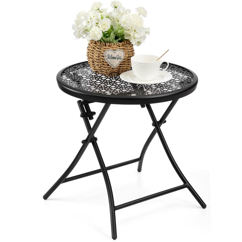 TeoKJ Folding Small Outdoor Side Tables, Anti Rust Small Patio Table Round Metal Nightstand with Flower Cutouts for Porch Yard Balcony Deck Lawn, Black - Image 1