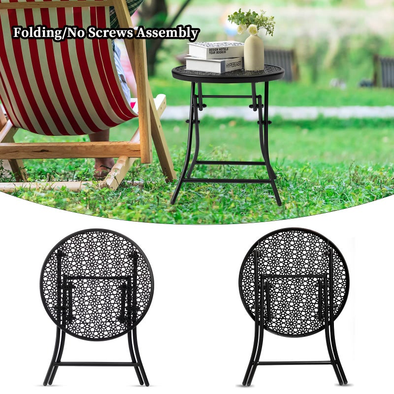 TeoKJ Folding Small Outdoor Side Tables, Anti Rust Small Patio Table Round Metal Nightstand with Flower Cutouts for Porch Yard Balcony Deck Lawn, Black - Image 2