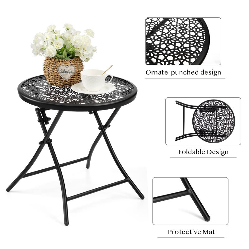 TeoKJ Folding Small Outdoor Side Tables, Anti Rust Small Patio Table Round Metal Nightstand with Flower Cutouts for Porch Yard Balcony Deck Lawn, Black - Image 3