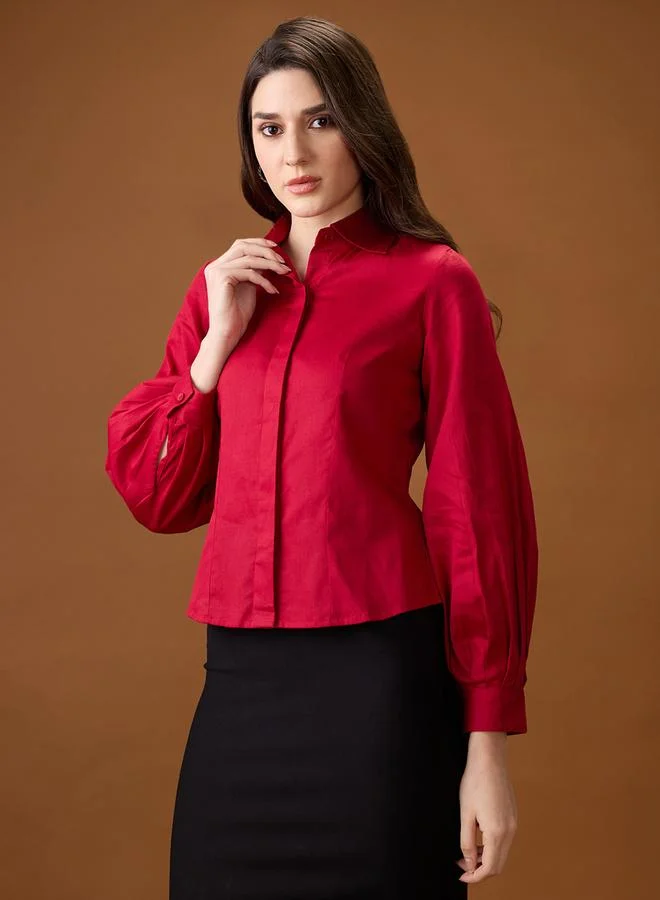 globus Maroon Balloon Sleeve Buttoned Shirt