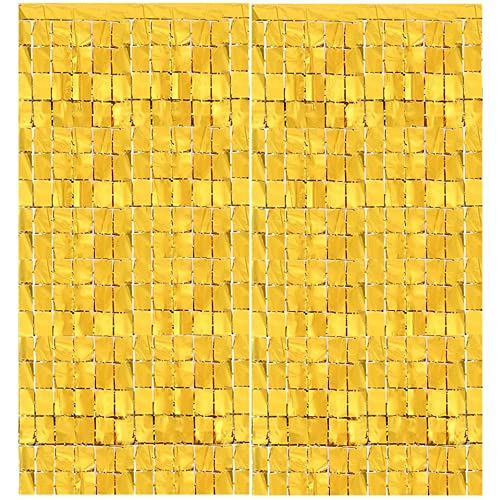 FI - FLICK IN Golden Square Tinsel Foil Fringe Curtain Metallic Backdrop Streamers Party Decorations Photo Booth for Birthday, Graduation, Bachelorette, Wedding, Engagement, Baby Shower (Pack of 2) ` - Image 1