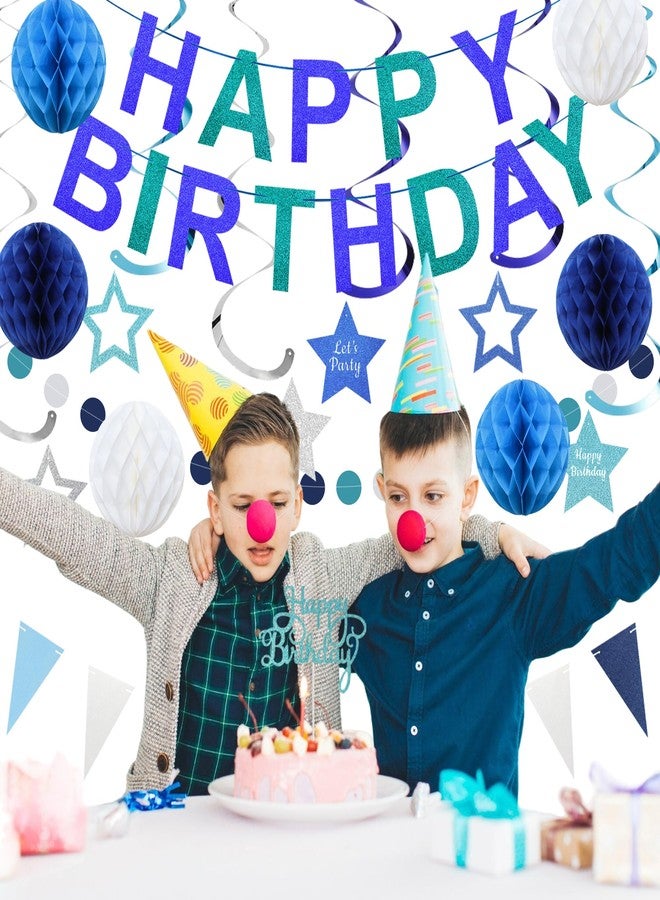 TMTECHJS Birthday Decorations Pre-Strung Happy Birthday Banner for Boys Girls Blue Birthday Banners with Pennant Honeycomb Balls Cake Topper Stars Hanging Swirl Streamers Circle Dots Garland - Image 3