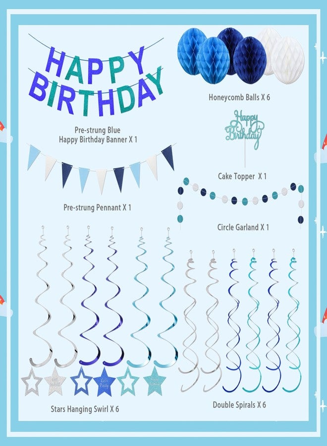 TMTECHJS Birthday Decorations Pre-Strung Happy Birthday Banner for Boys Girls Blue Birthday Banners with Pennant Honeycomb Balls Cake Topper Stars Hanging Swirl Streamers Circle Dots Garland - Image 2