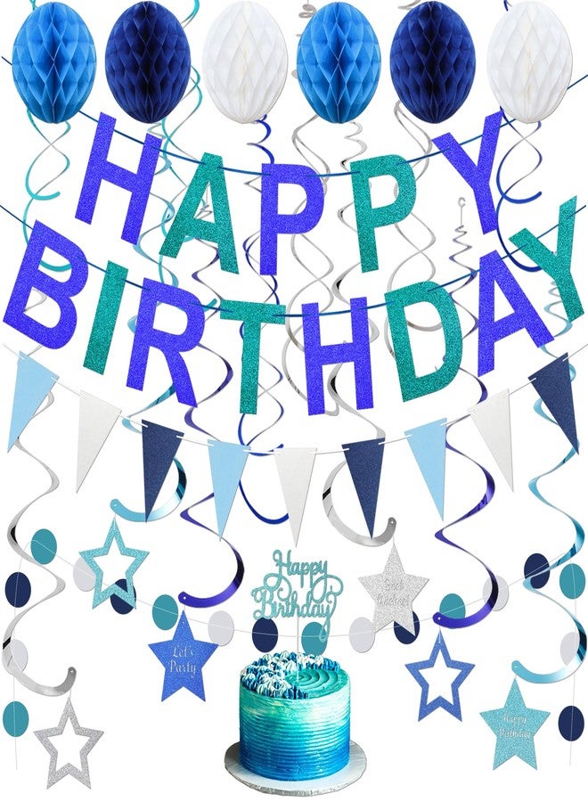TMTECHJS Birthday Decorations Pre-Strung Happy Birthday Banner for Boys Girls Blue Birthday Banners with Pennant Honeycomb Balls Cake Topper Stars Hanging Swirl Streamers Circle Dots Garland - Image 1