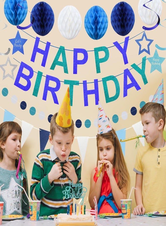 TMTECHJS Birthday Decorations Pre-Strung Happy Birthday Banner for Boys Girls Blue Birthday Banners with Pennant Honeycomb Balls Cake Topper Stars Hanging Swirl Streamers Circle Dots Garland - Image 4