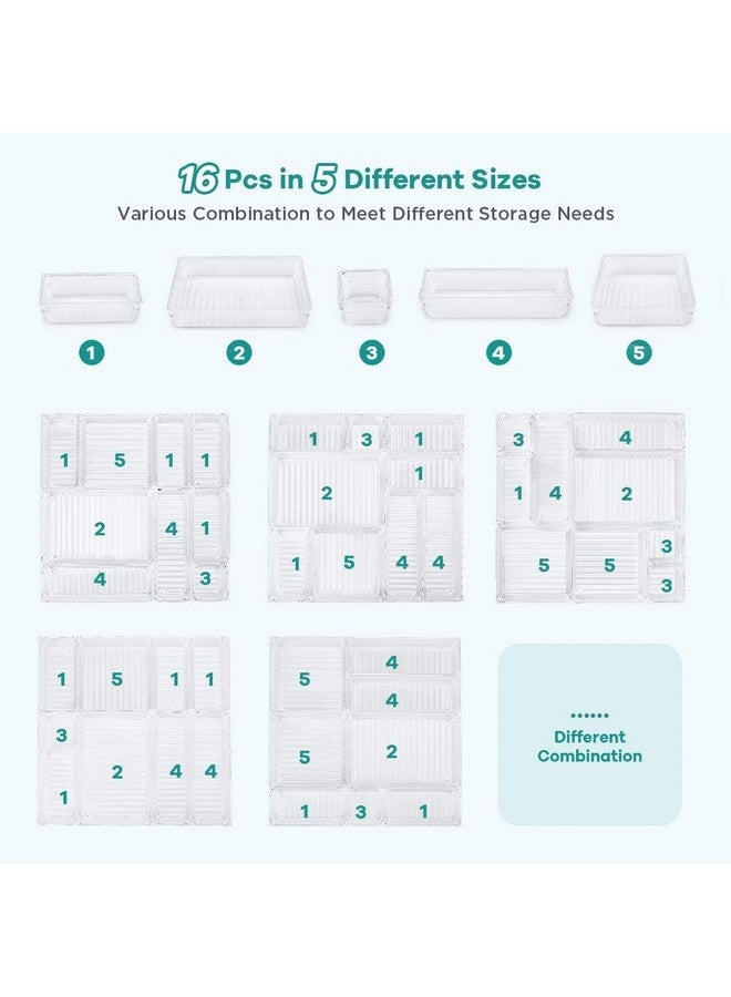 Golden Bird Golden bird 16 Pcs Desk Drawer Inside, Transparent Organizer Trays 5-Size Bathroom Drawer Tray Dividers Plastic Vanity Organizers Storage Bins For Makeup Dresser Kitchen Office (Clear) - Image 3