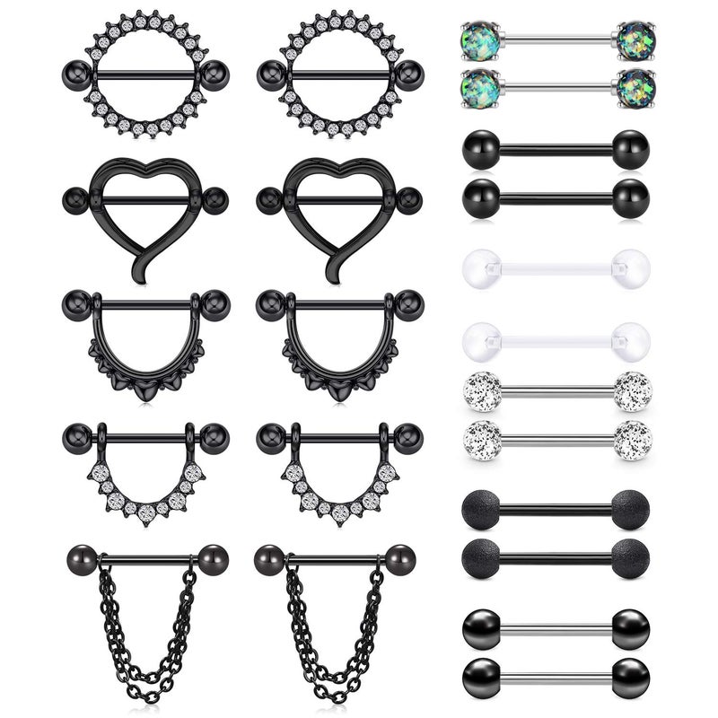 D.Bella 14G Nipple Rings Stainless Steel Straight Barbell Tongue Rings Nipplerings Piercing Women CZ Heart Chain Dangle Nipple Piercing Jewelry for Women 14mm 9/16Inch 11 Pairs