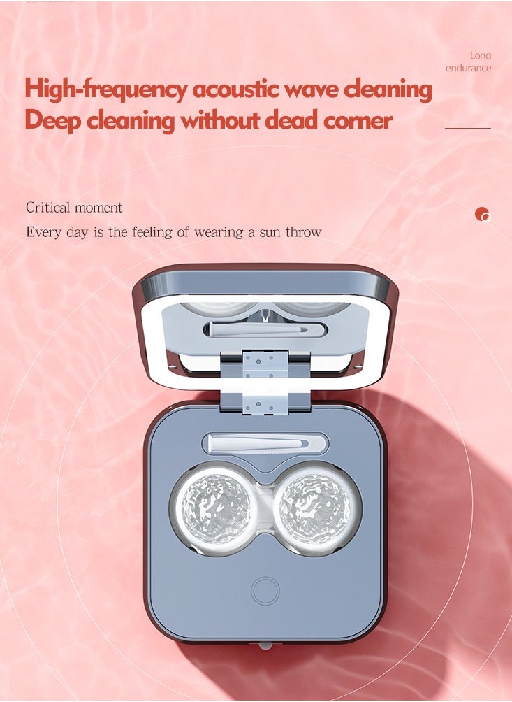 MOYI Portable 3in1 contact lens case with cleaning function, Electric vibration cleaning contact lens cleaner with USB charging function, LED light makeup mirror for daily care to quickly clean contact lenses  - Image 1