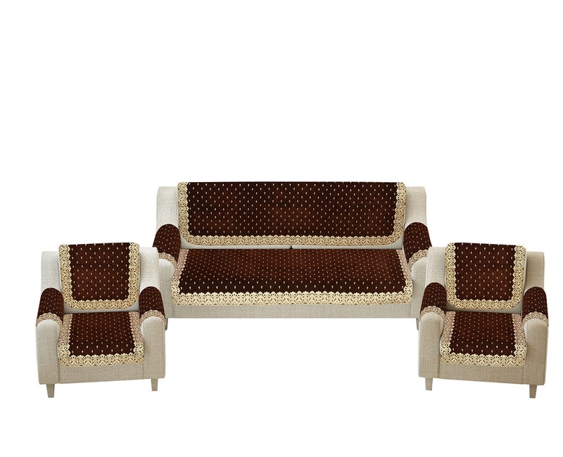 SAWNA HOMES Premium Velvet Sofa Cover Set of 5 Seater -with Arm Covers, 3,1,1 Seater 16 Pieces Sofa Back Slip Panels - Heavy Fabric Sofa Slip Protector with Back Covers, Coffee (Pack of 12) - Image 2