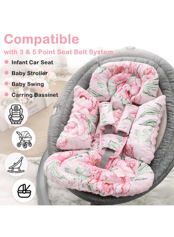 DILIMI Infant Car Seat Insert, Baby Car Seat Head Support with 3 Strap Paddings, Soft Newborn Car Seat Cushion for Stroller, Swing, Bouncers, Pink Flower - Image 5