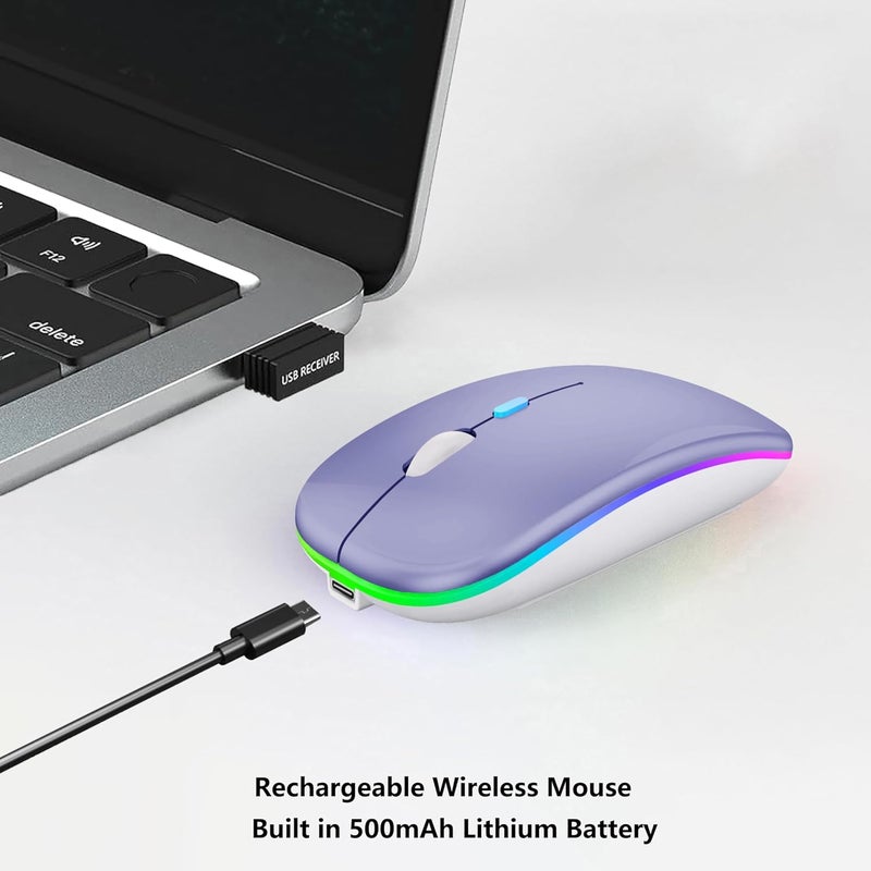 فأرة لاسلكية بلوتوث قابلة لإعادة الشحن لأجهزة الكمبيوتر المحمولة مع أضواء LED وصامتة ونحيفة (BT5.2 ومستقبل USB محمول 2.4G) فأرة كمبيوتر ثنائية الوضع لأجهزة الكمبيوتر المحمولة / iPad / Tablet / Apple / Computer / Mac (أرجواني) - Image 4