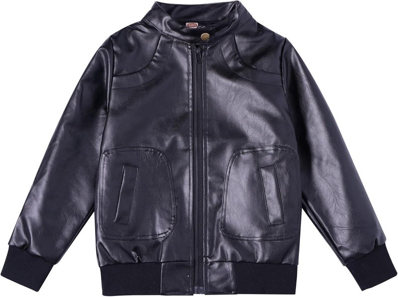 ELUCKFACE Boys Trendy Stand Collar PU Leather Moto Jacket - Winter Warm Lined Coat with Zipper Closure for Kids (Age 3-12), Black, 6-7 Years - Image 1