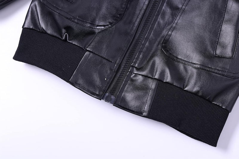 ELUCKFACE Boys Trendy Stand Collar PU Leather Moto Jacket - Winter Warm Lined Coat with Zipper Closure for Kids (Age 3-12), Black, 6-7 Years - Image 5