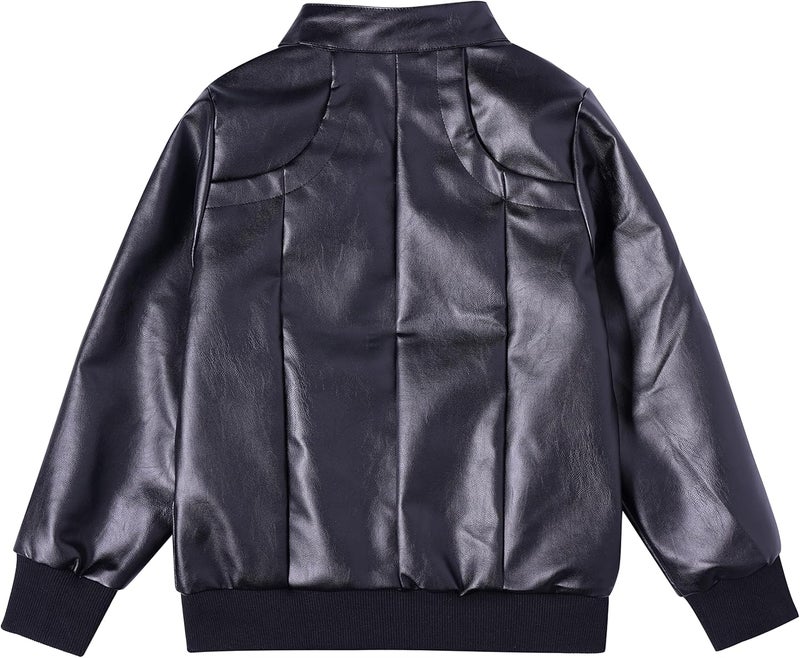 ELUCKFACE Boys Trendy Stand Collar PU Leather Moto Jacket - Winter Warm Lined Coat with Zipper Closure for Kids (Age 3-12), Black, 6-7 Years - Image 4