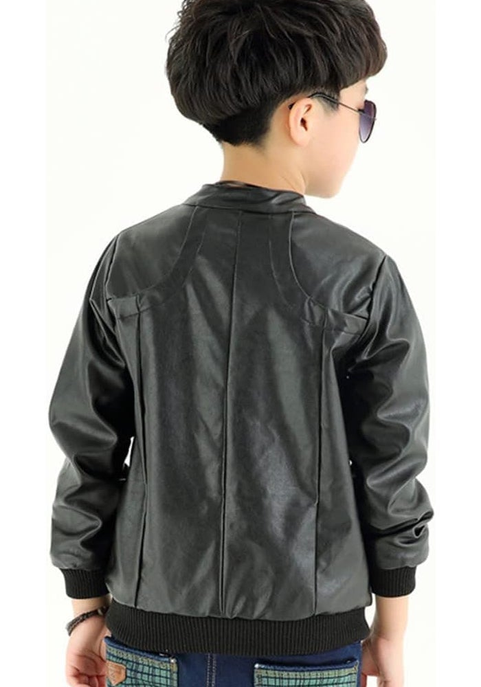 ELUCKFACE Boys Trendy Stand Collar PU Leather Moto Jacket - Winter Warm Lined Coat with Zipper Closure for Kids (Age 3-12), Black, 6-7 Years - Image 3