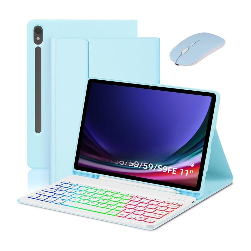 Detachable Backlit Bluetooth Keyboard: Light Blue Honeycomb TPU Case - Multi-Angle Stand Magnetic Rechargeable Cover for Samsung Galaxy Tab S7/S8/S9/S9FE, Travel & Mobile Office Use - Image 1