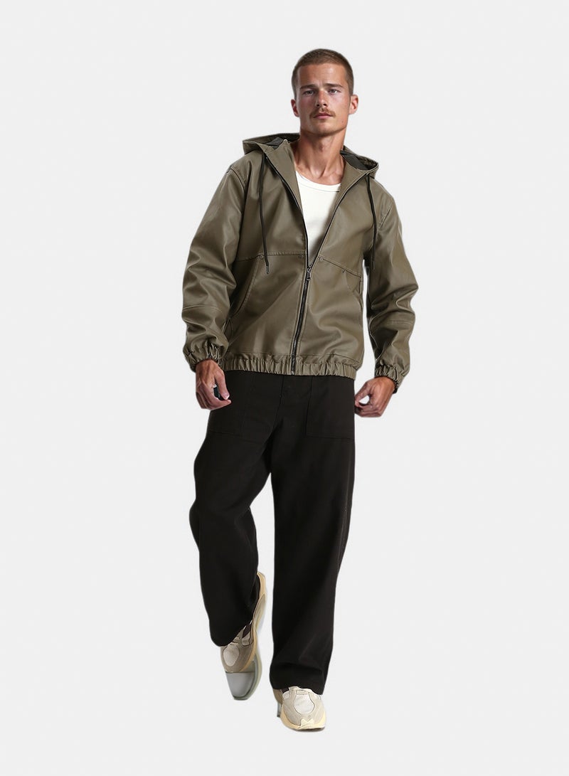 RAVIN Men Hooded Neck With Drawstring Leather Jacket Army Green - Image 4
